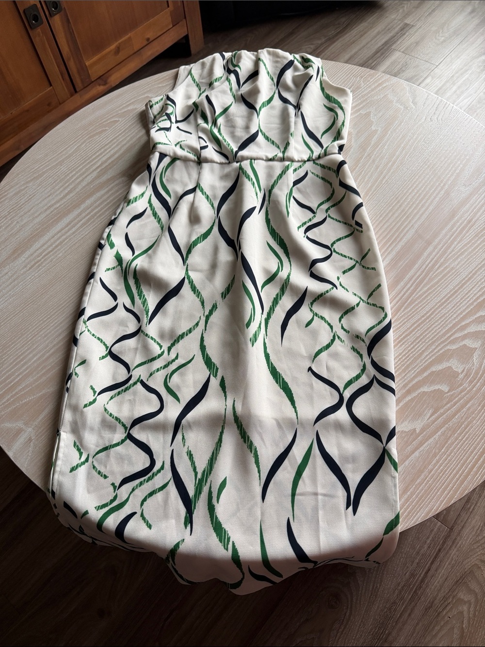 Strapless Cream Dress with Green & Navy Wave Motif